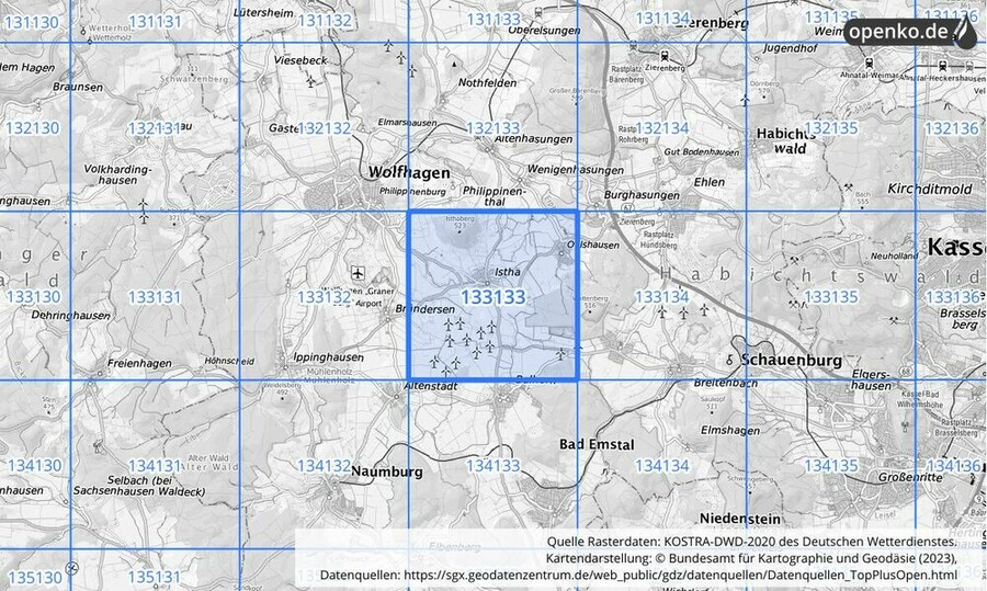 Übersichtskarte des KOSTRA-DWD-2020-Rasterfeldes Nr. 133133