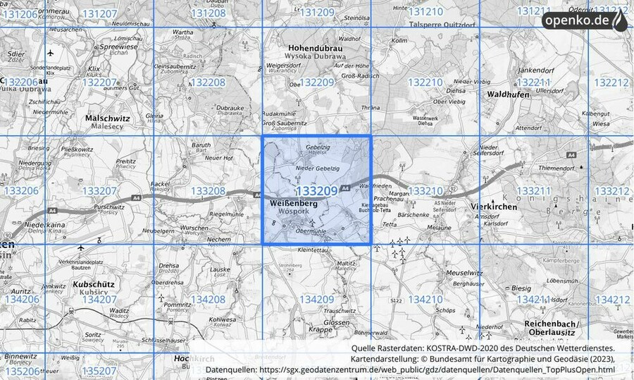 Übersichtskarte des KOSTRA-DWD-2020-Rasterfeldes Nr. 133209 Übersichtskarte des KOSTRA-DWD-2020-Rasterfeldes Nr. 133209