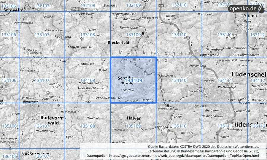 Übersichtskarte des KOSTRA-DWD-2020-Rasterfeldes Nr. 134109
