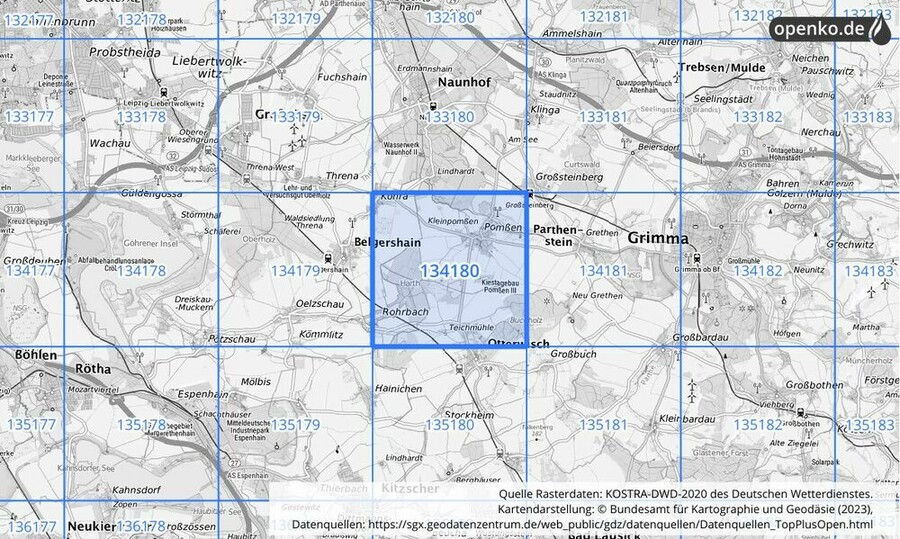 Übersichtskarte des KOSTRA-DWD-2020-Rasterfeldes Nr. 134180