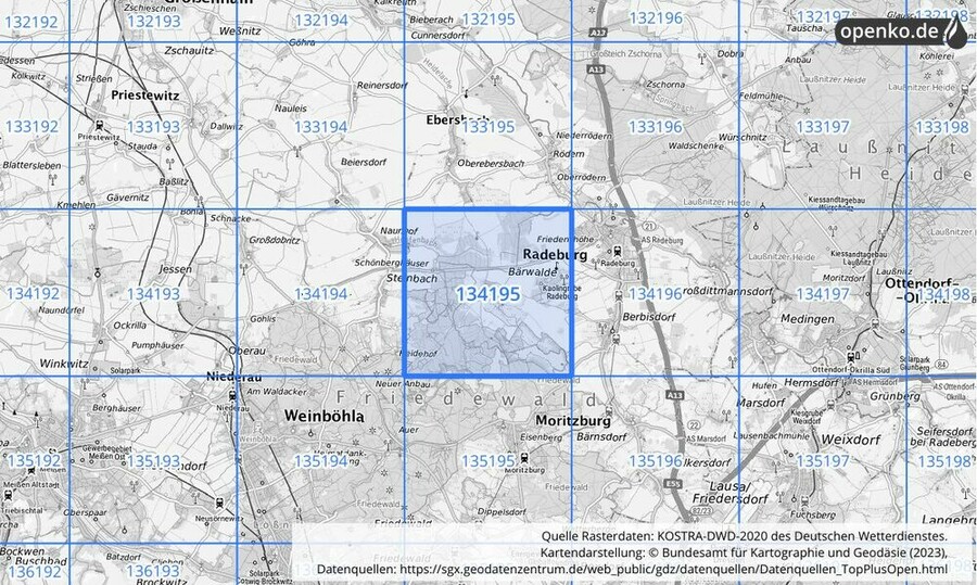 Übersichtskarte des KOSTRA-DWD-2020-Rasterfeldes Nr. 134195