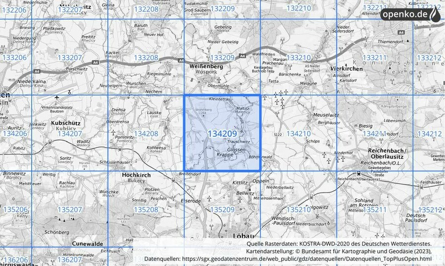 Übersichtskarte des KOSTRA-DWD-2020-Rasterfeldes Nr. 134209 Übersichtskarte des KOSTRA-DWD-2020-Rasterfeldes Nr. 134209