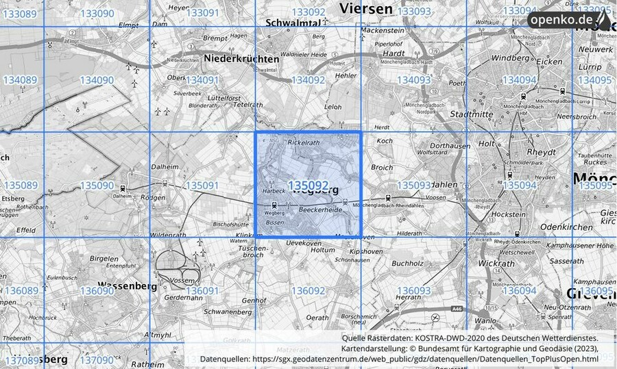 Übersichtskarte des KOSTRA-DWD-2020-Rasterfeldes Nr. 135092