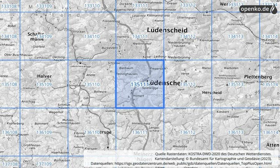 Übersichtskarte des KOSTRA-DWD-2020-Rasterfeldes Nr. 135111