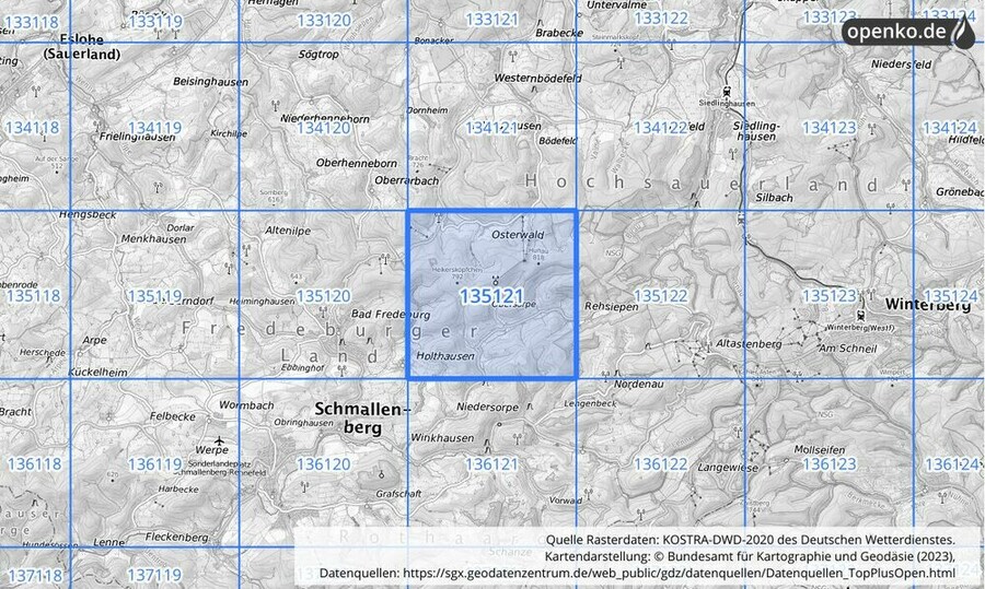Übersichtskarte des KOSTRA-DWD-2020-Rasterfeldes Nr. 135121