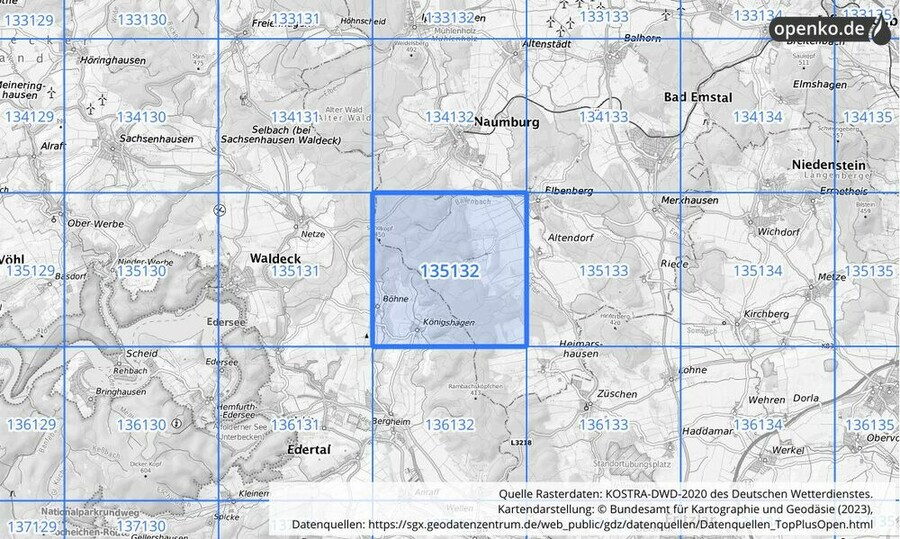 Übersichtskarte des KOSTRA-DWD-2020-Rasterfeldes Nr. 135132 Übersichtskarte des KOSTRA-DWD-2020-Rasterfeldes Nr. 135132