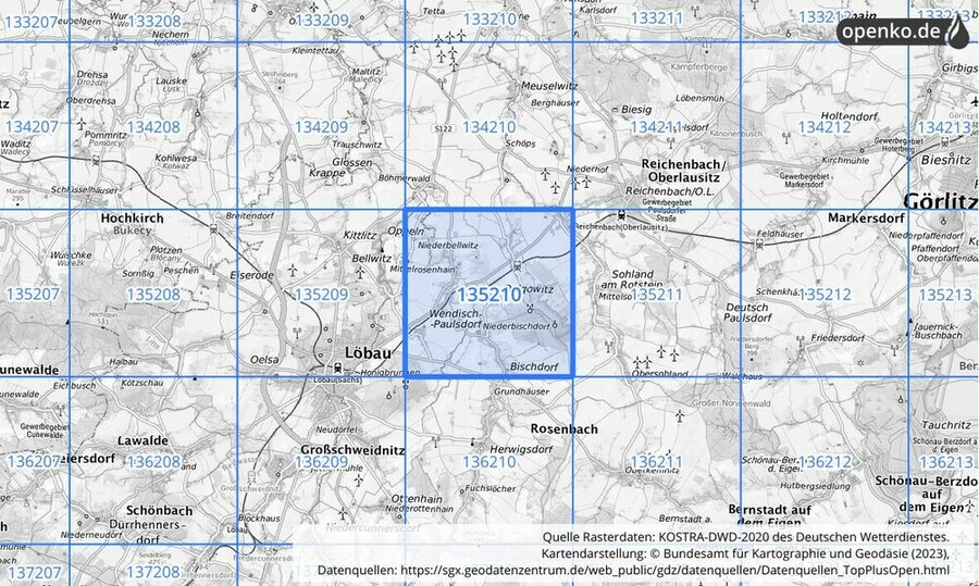 Übersichtskarte des KOSTRA-DWD-2020-Rasterfeldes Nr. 135210