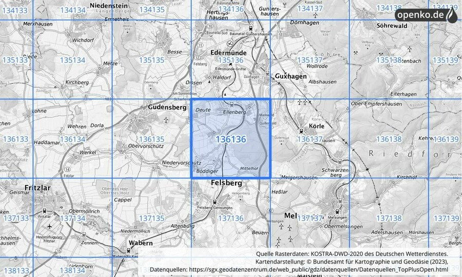 Übersichtskarte des KOSTRA-DWD-2020-Rasterfeldes Nr. 136136
