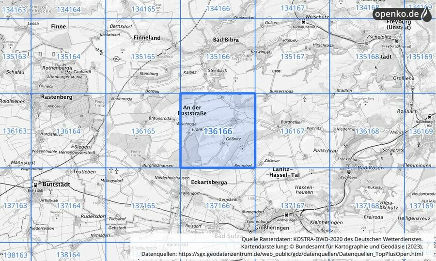 Übersichtskarte des KOSTRA-DWD-2020-Rasterfeldes Nr. 136166