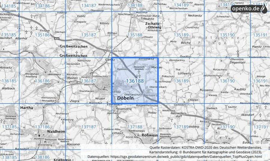 Übersichtskarte des KOSTRA-DWD-2020-Rasterfeldes Nr. 136188