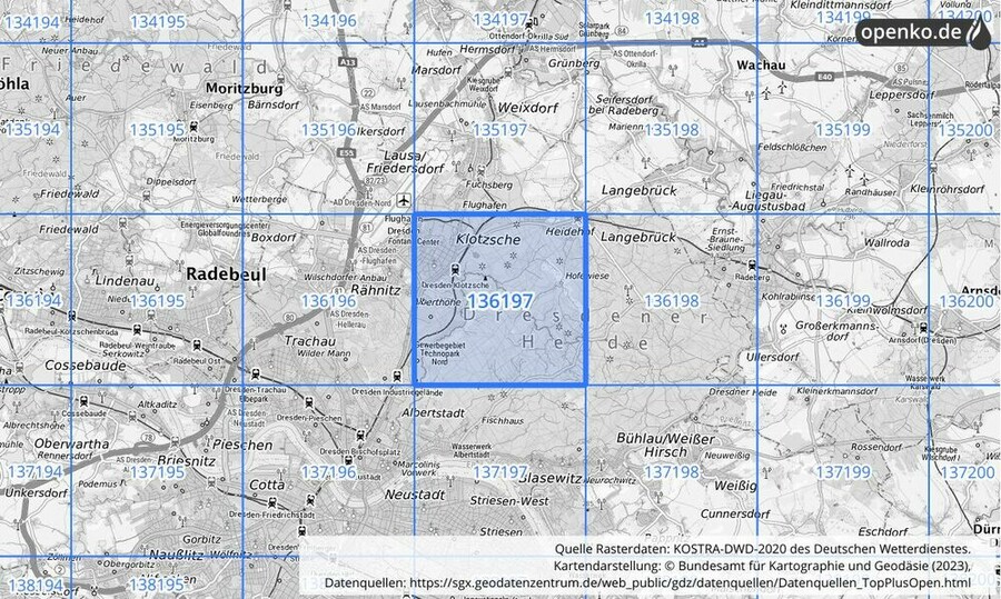Übersichtskarte des KOSTRA-DWD-2020-Rasterfeldes Nr. 136197