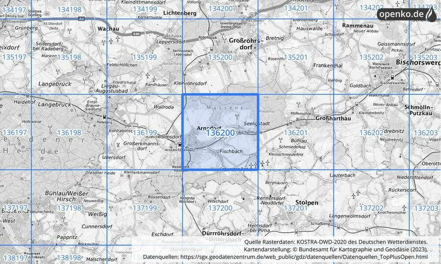 Übersichtskarte des KOSTRA-DWD-2020-Rasterfeldes Nr. 136200