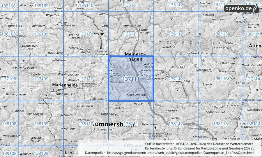 Übersichtskarte des KOSTRA-DWD-2020-Rasterfeldes Nr. 137111