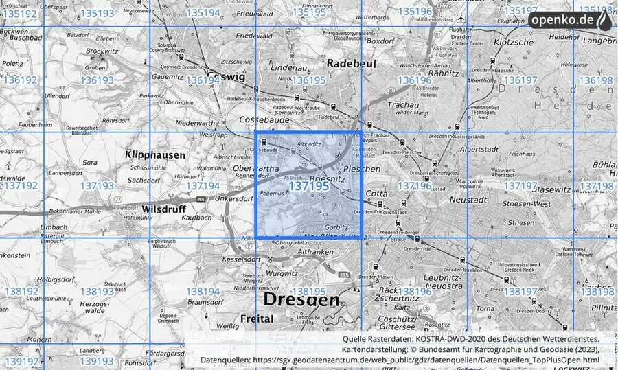 Übersichtskarte des KOSTRA-DWD-2020-Rasterfeldes Nr. 137195