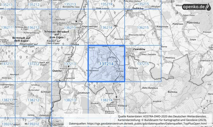 Übersichtskarte des KOSTRA-DWD-2020-Rasterfeldes Nr. 137214