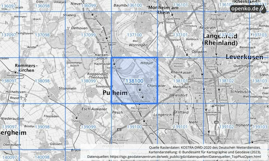 Übersichtskarte des KOSTRA-DWD-2020-Rasterfeldes Nr. 138100