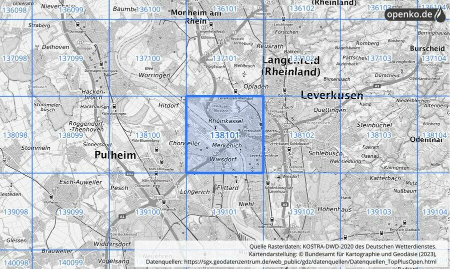 Übersichtskarte des KOSTRA-DWD-2020-Rasterfeldes Nr. 138101