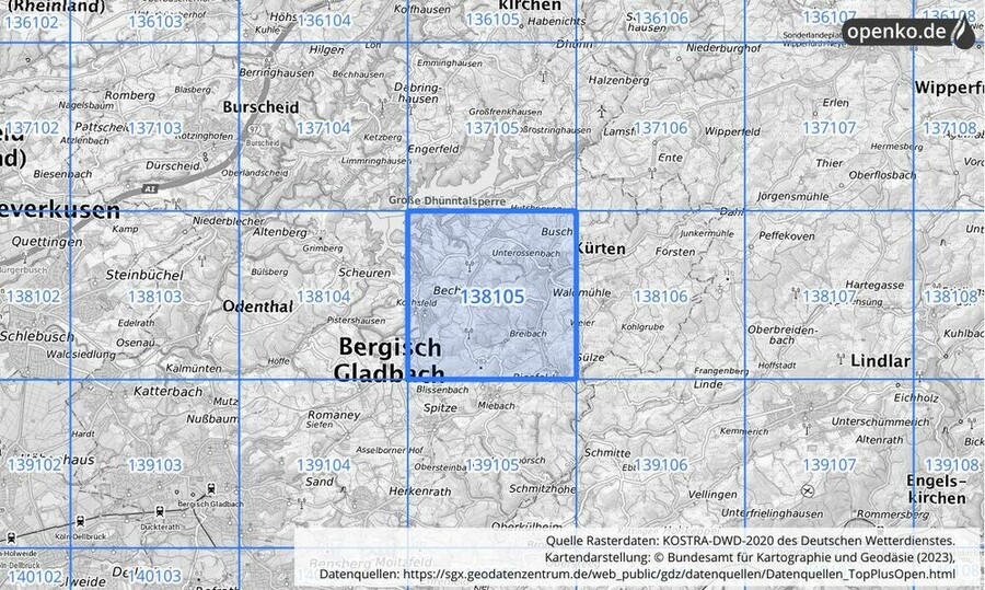 Übersichtskarte des KOSTRA-DWD-2020-Rasterfeldes Nr. 138105