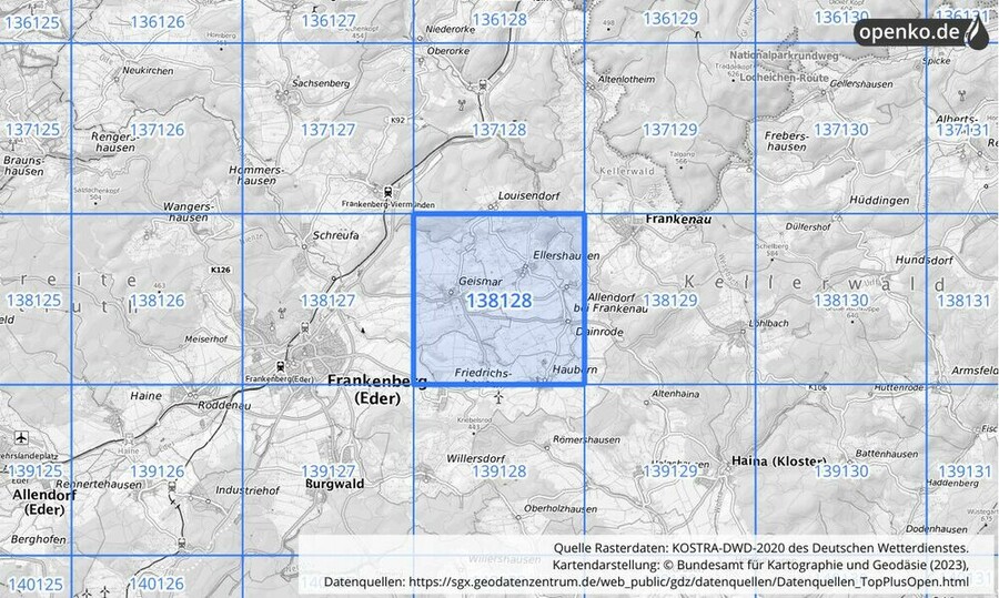 Übersichtskarte des KOSTRA-DWD-2020-Rasterfeldes Nr. 138128