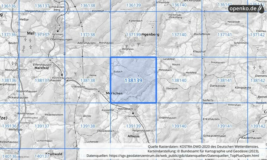 Übersichtskarte des KOSTRA-DWD-2020-Rasterfeldes Nr. 138139