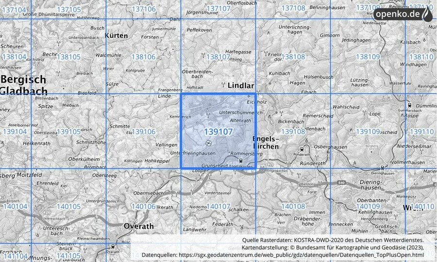 Übersichtskarte des KOSTRA-DWD-2020-Rasterfeldes Nr. 139107