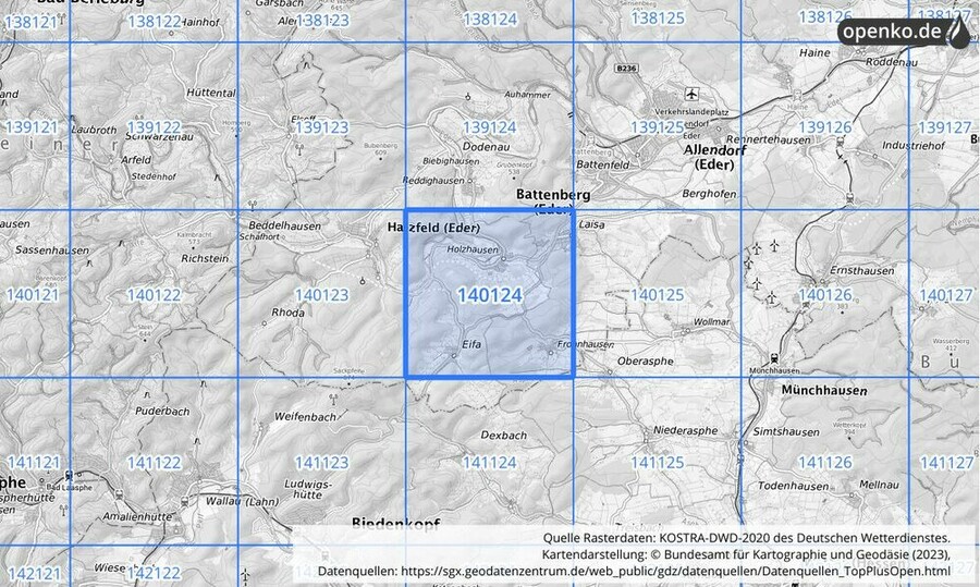 Übersichtskarte des KOSTRA-DWD-2020-Rasterfeldes Nr. 140124