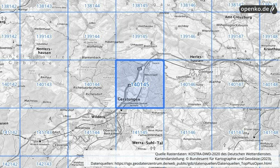 Übersichtskarte des KOSTRA-DWD-2020-Rasterfeldes Nr. 140145