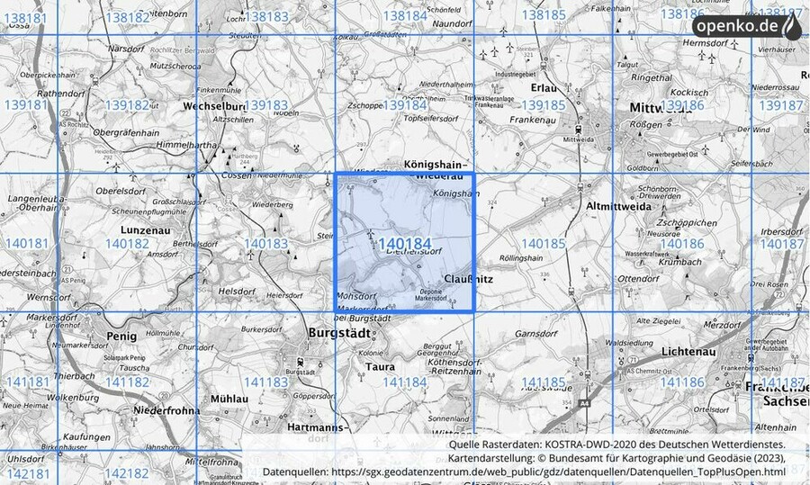 Übersichtskarte des KOSTRA-DWD-2020-Rasterfeldes Nr. 140184