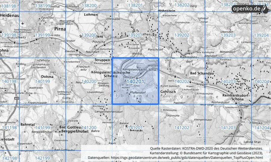 Übersichtskarte des KOSTRA-DWD-2020-Rasterfeldes Nr. 140201