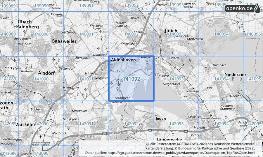 Übersichtskarte des KOSTRA-DWD-2020-Rasterfeldes Nr. 141092