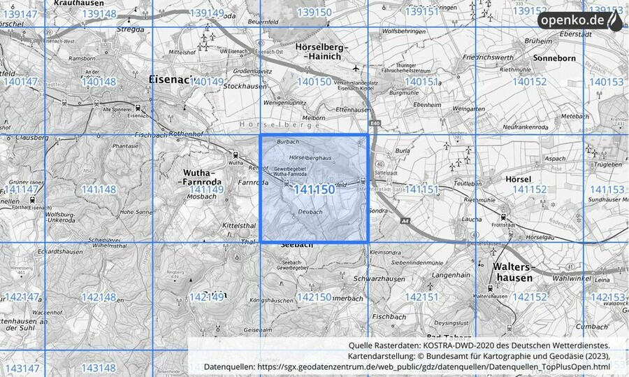 Übersichtskarte des KOSTRA-DWD-2020-Rasterfeldes Nr. 141150
