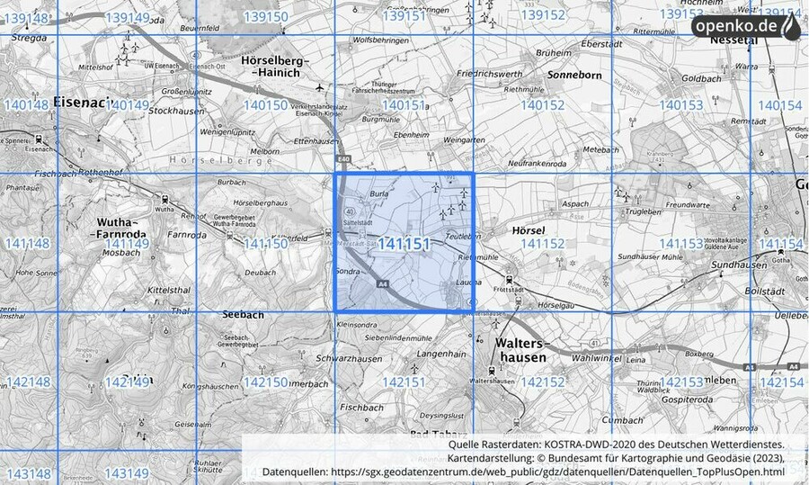 Übersichtskarte des KOSTRA-DWD-2020-Rasterfeldes Nr. 141151