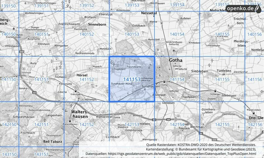 Übersichtskarte des KOSTRA-DWD-2020-Rasterfeldes Nr. 141153