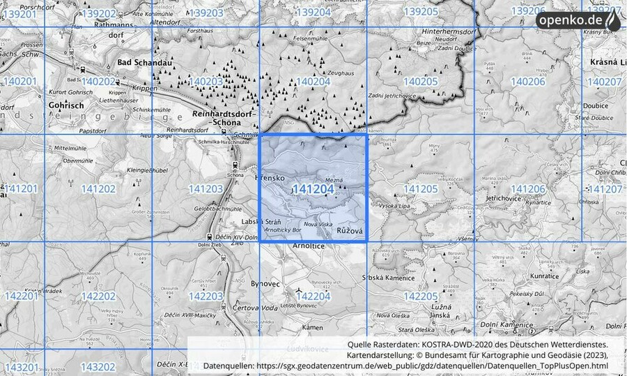 Übersichtskarte des KOSTRA-DWD-2020-Rasterfeldes Nr. 141204