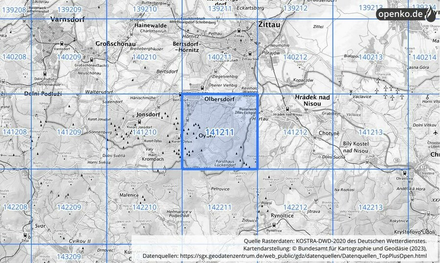 Übersichtskarte des KOSTRA-DWD-2020-Rasterfeldes Nr. 141211 Übersichtskarte des KOSTRA-DWD-2020-Rasterfeldes Nr. 141211