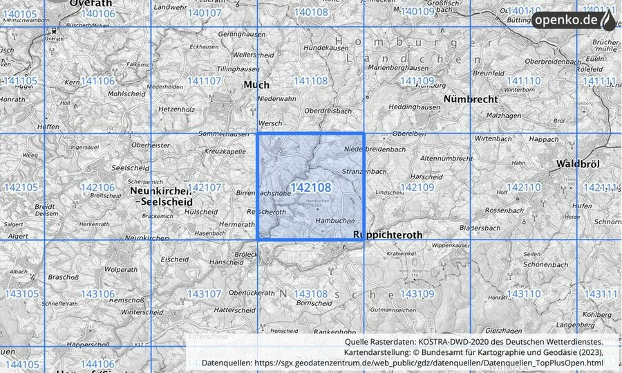 Übersichtskarte des KOSTRA-DWD-2020-Rasterfeldes Nr. 142108