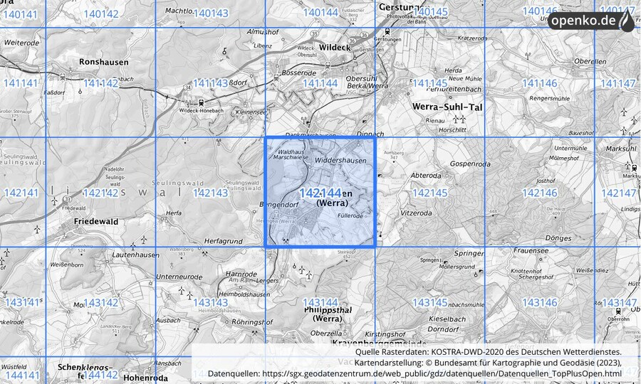 Übersichtskarte des KOSTRA-DWD-2020-Rasterfeldes Nr. 142144