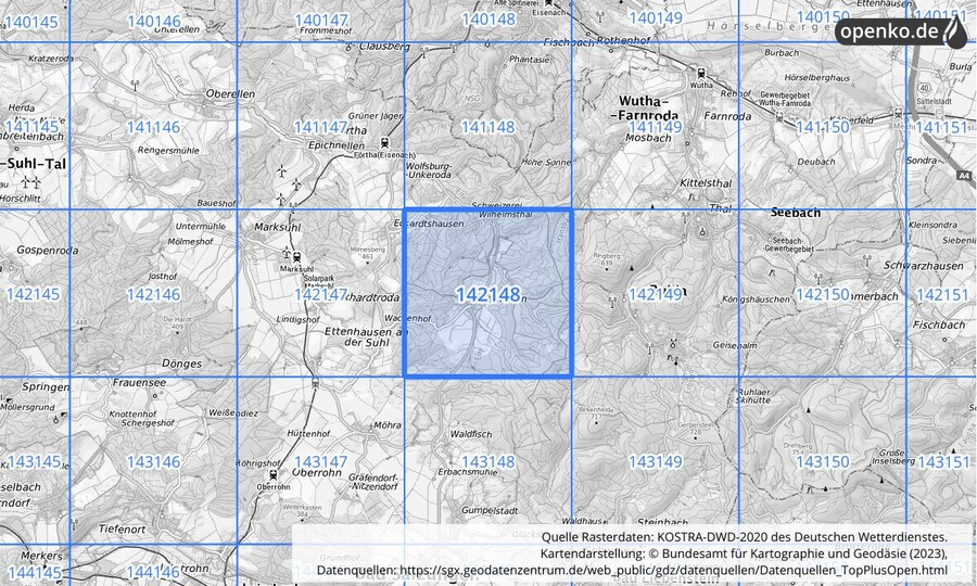 Übersichtskarte des KOSTRA-DWD-2020-Rasterfeldes Nr. 142148 Übersichtskarte des KOSTRA-DWD-2020-Rasterfeldes Nr. 142148