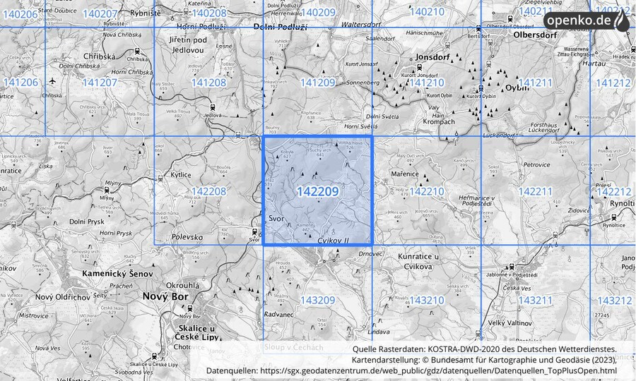Übersichtskarte des KOSTRA-DWD-2020-Rasterfeldes Nr. 142209 Übersichtskarte des KOSTRA-DWD-2020-Rasterfeldes Nr. 142209