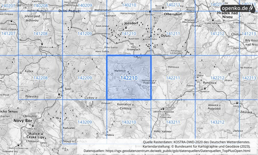Übersichtskarte des KOSTRA-DWD-2020-Rasterfeldes Nr. 142210 Übersichtskarte des KOSTRA-DWD-2020-Rasterfeldes Nr. 142210