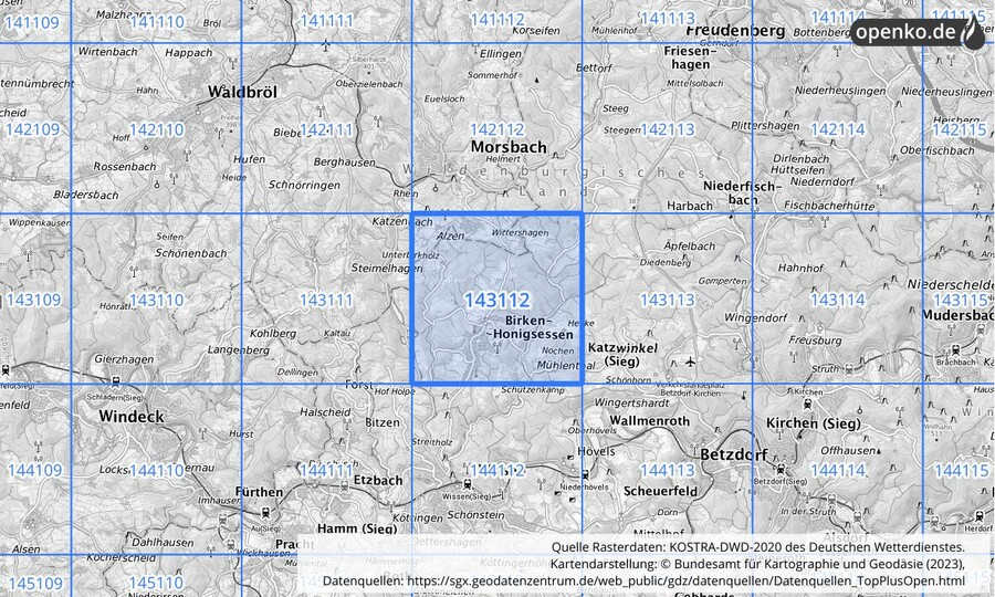 Übersichtskarte des KOSTRA-DWD-2020-Rasterfeldes Nr. 143112