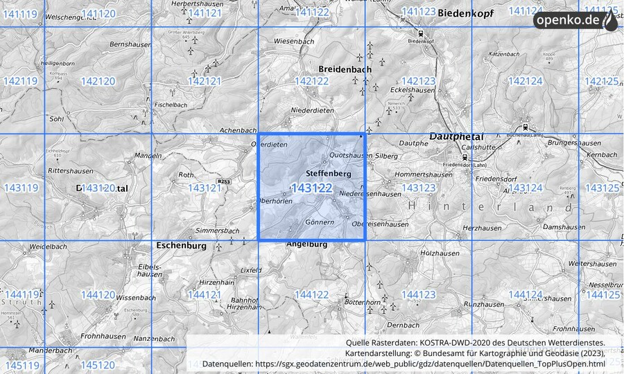 Übersichtskarte des KOSTRA-DWD-2020-Rasterfeldes Nr. 143122