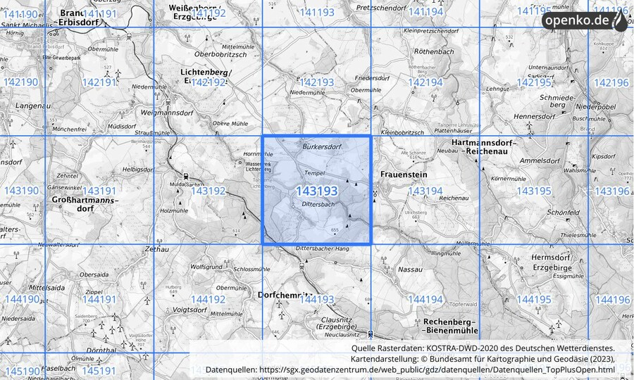 Übersichtskarte des KOSTRA-DWD-2020-Rasterfeldes Nr. 143193