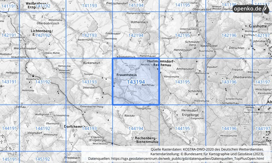 Übersichtskarte des KOSTRA-DWD-2020-Rasterfeldes Nr. 143194