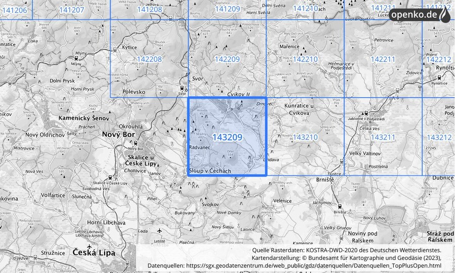 Übersichtskarte des KOSTRA-DWD-2020-Rasterfeldes Nr. 143209 Übersichtskarte des KOSTRA-DWD-2020-Rasterfeldes Nr. 143209