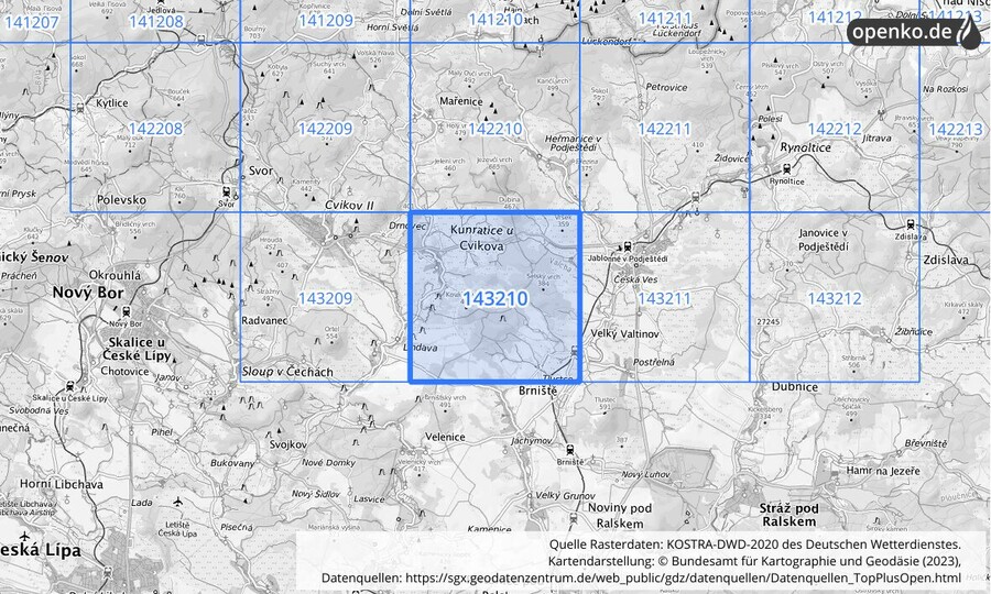 Übersichtskarte des KOSTRA-DWD-2020-Rasterfeldes Nr. 143210 Übersichtskarte des KOSTRA-DWD-2020-Rasterfeldes Nr. 143210