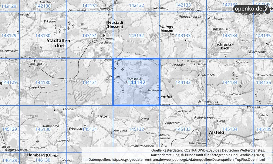 Übersichtskarte des KOSTRA-DWD-2020-Rasterfeldes Nr. 144132