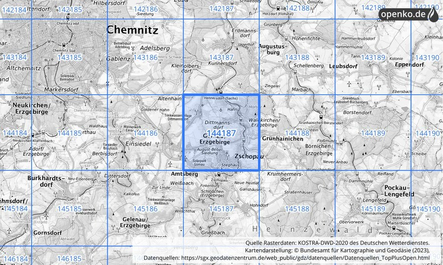 Übersichtskarte des KOSTRA-DWD-2020-Rasterfeldes Nr. 144187