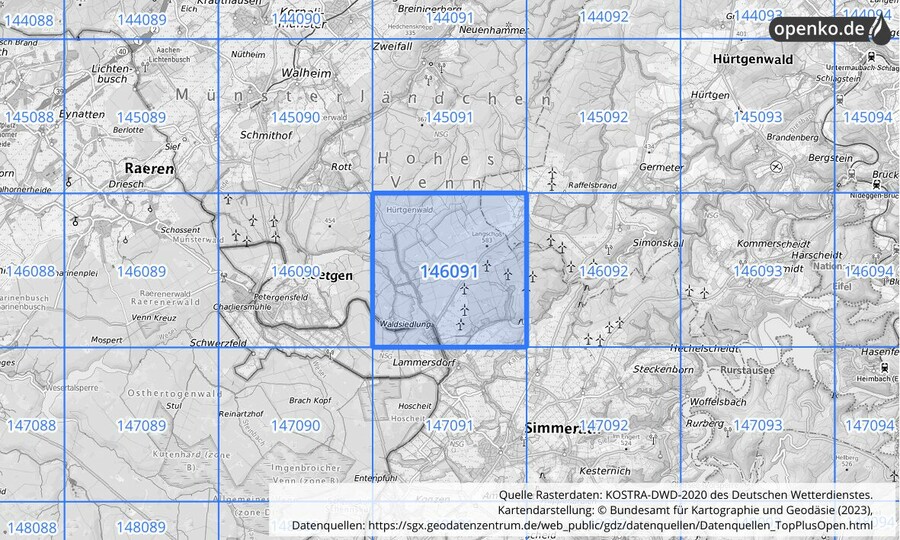 Übersichtskarte des KOSTRA-DWD-2020-Rasterfeldes Nr. 146091
