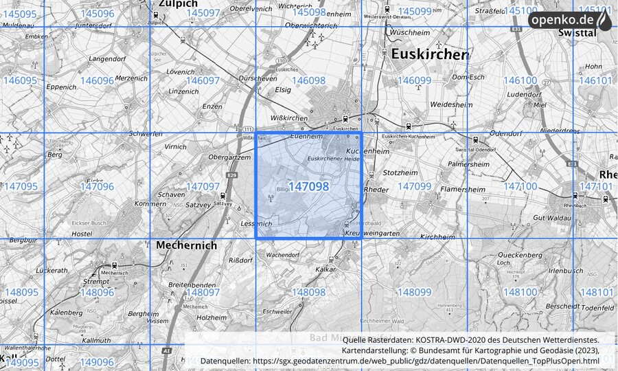 Übersichtskarte des KOSTRA-DWD-2020-Rasterfeldes Nr. 147098